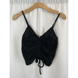 Gaze Womens Size Small Ruched Tie Front Tank Black Waffle Knit Spaghetti Strap